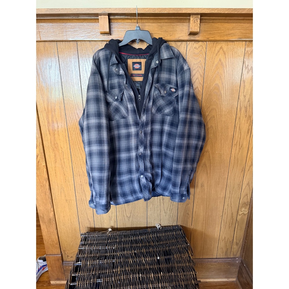 Dickies Mens 3XL Gray Plaid Hooded Flannel Shirt Jacket Quilted Lined Workwear